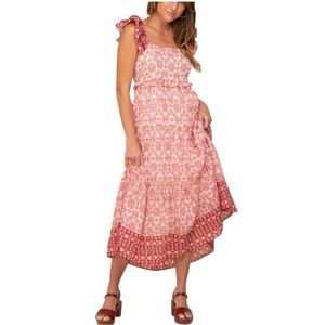 By The River Ruffled Milkmade Midi Dress  | Sz L | Red & White | Cottagecore